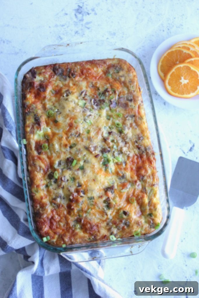 Morning Comfort Casserole 6 A close-up shot of the finished breakfast casserole with green onion garnish