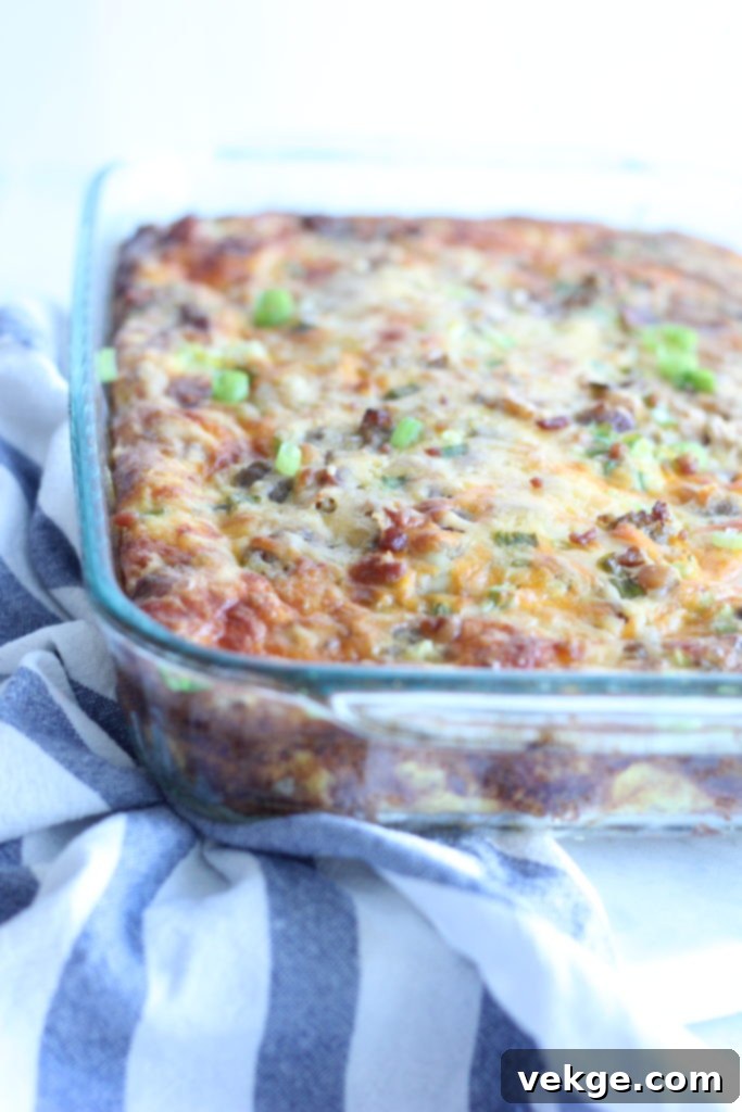 Morning Comfort Casserole 7 Two images side by side: one showing casserole ingredients in a bowl, the other showing a pan ready for baking