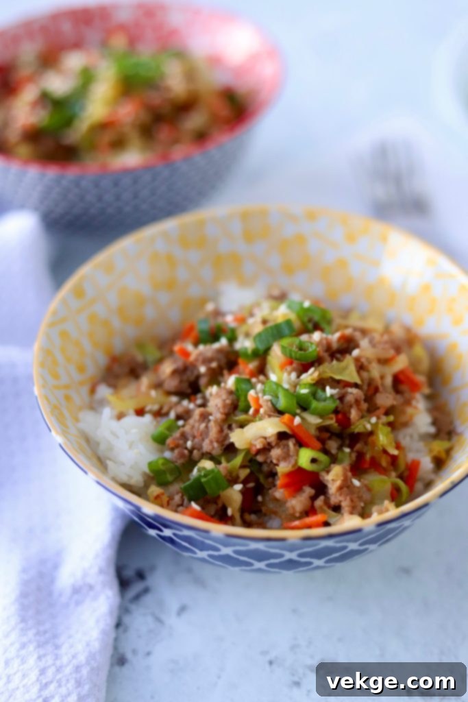 A close-up shot of the raw ingredients, including sliced cabbage, shredded carrots, and ground sausage, ready for cooking for the Egg Roll in a Bowl recipe.