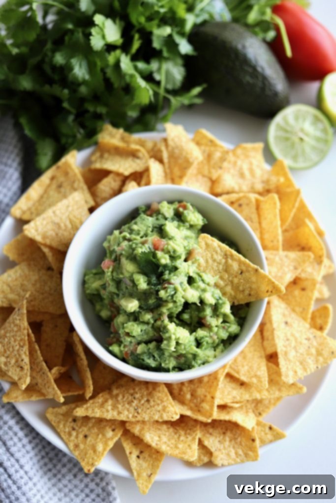 bowl of homemade green guacamole surrounded by tortilla chips