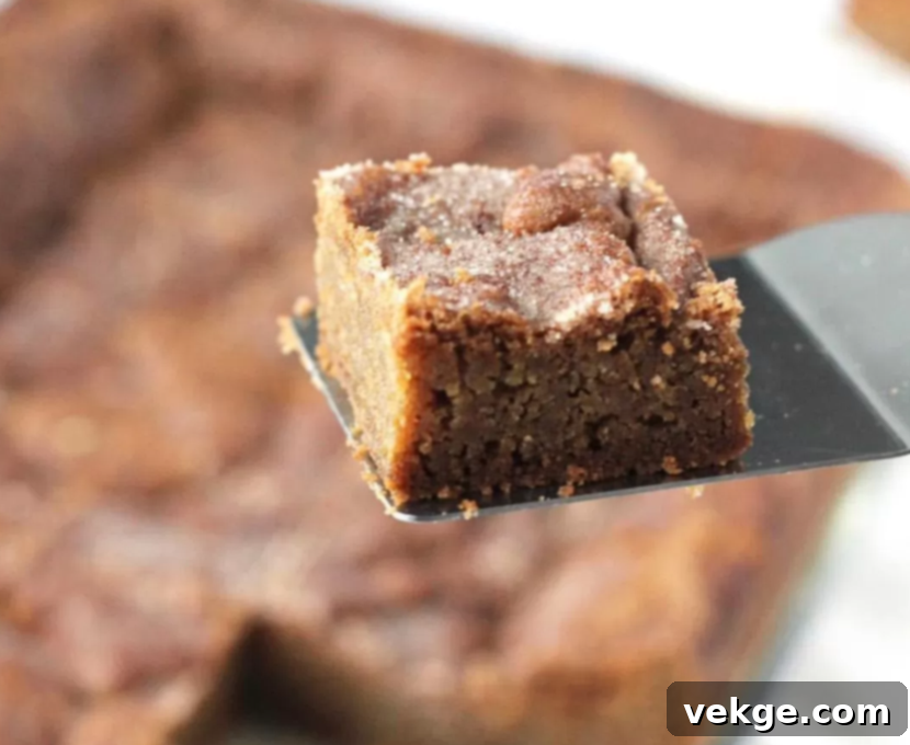Golden Snickerdoodle Blondie Squares 4 A freshly baked Snickerdoodle Blondie, cut into a square, showing its soft interior and cinnamon-sugar topping.