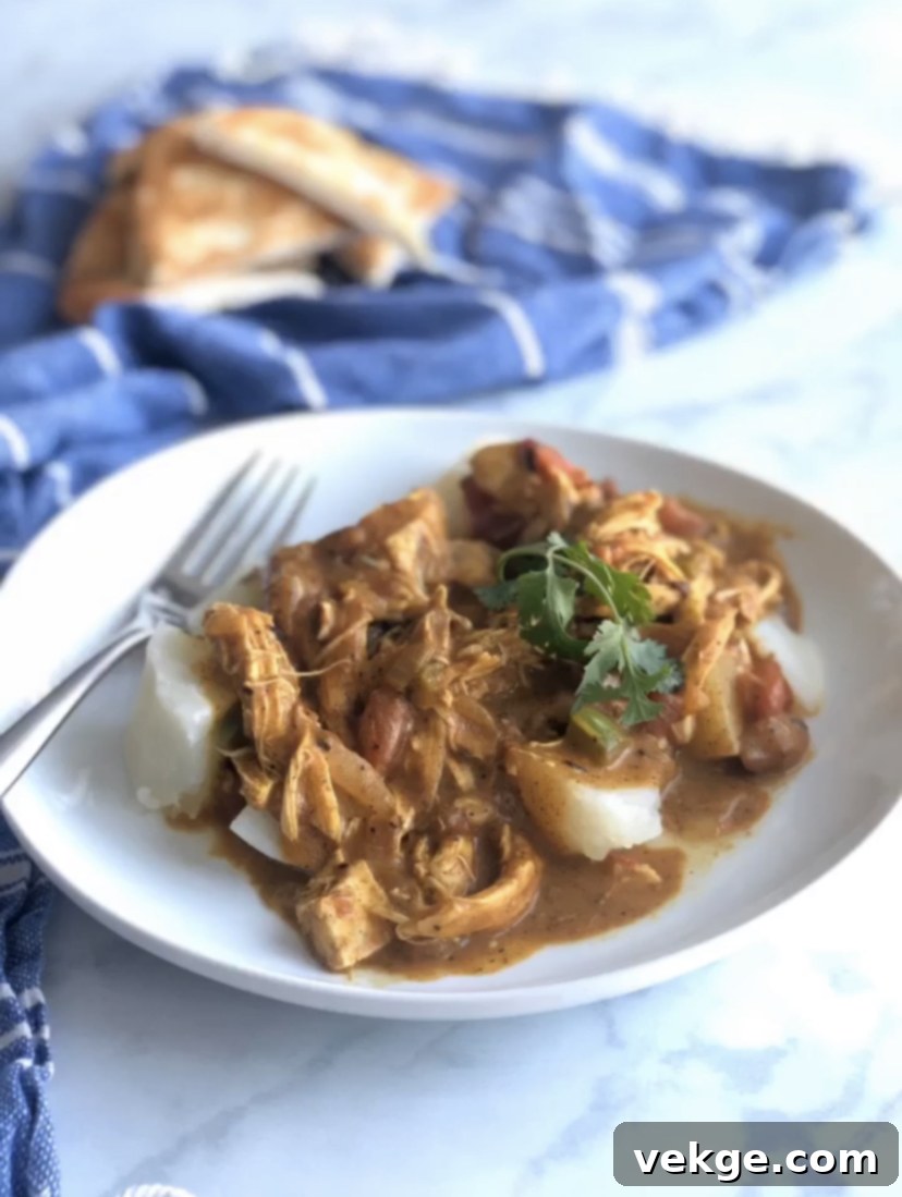 Delicious Coconut Masala Chicken served over tender potatoes, garnished with fresh cilantro.