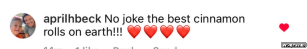 Effortlessly Divine Cinnamon Rolls 14 Testimonial screenshot, possibly mentioning the large yield or suitability for sharing.