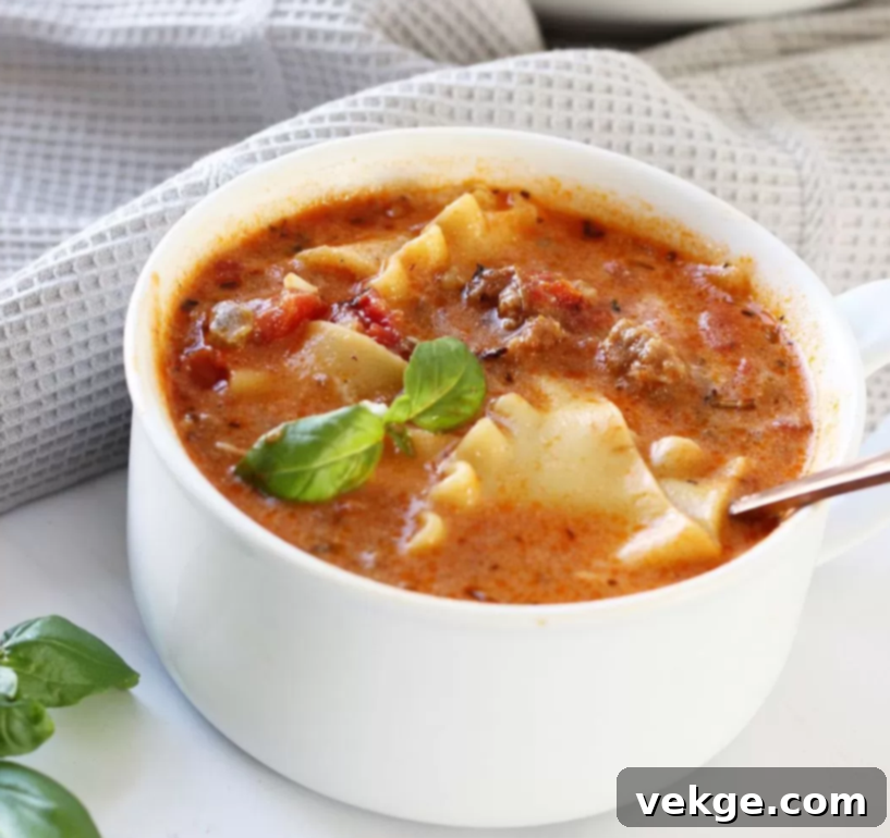 One-Pot Lasagna Soup 4 Close-up of a rich, cheesy Instant Pot Lasagna Soup.