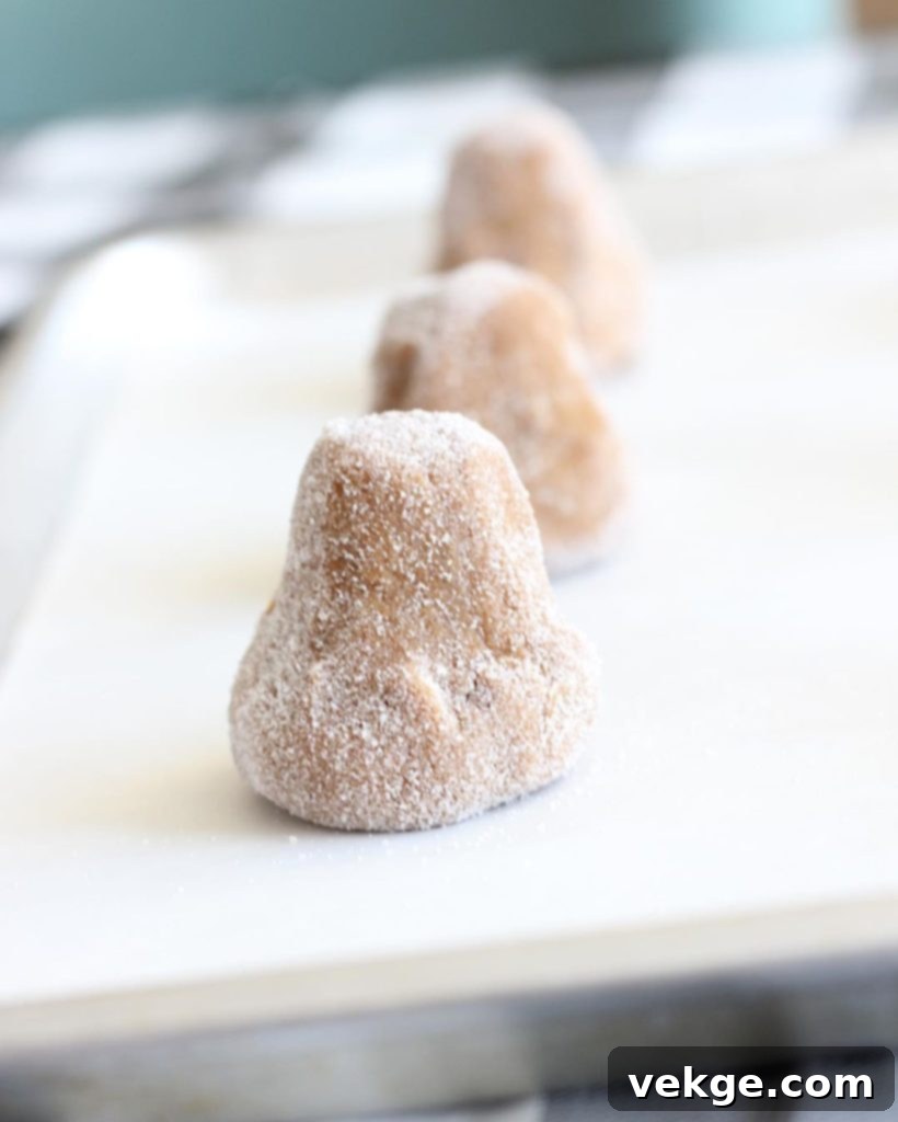 Chewy Ginger Molasses Cookies 5 Dough balls for ginger spice cookies generously coated in white granulated sugar, lined up and ready for baking