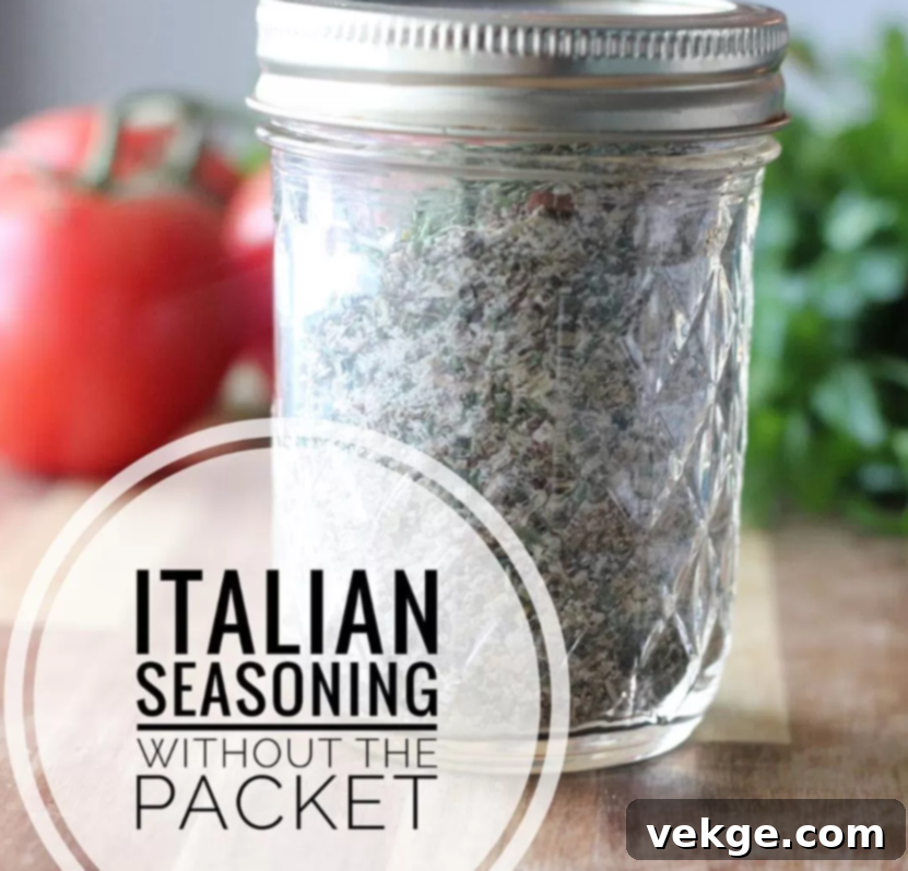 Homemade Italian Seasoning Mix 4 A jar of homemade Italian seasoning on a marble countertop.