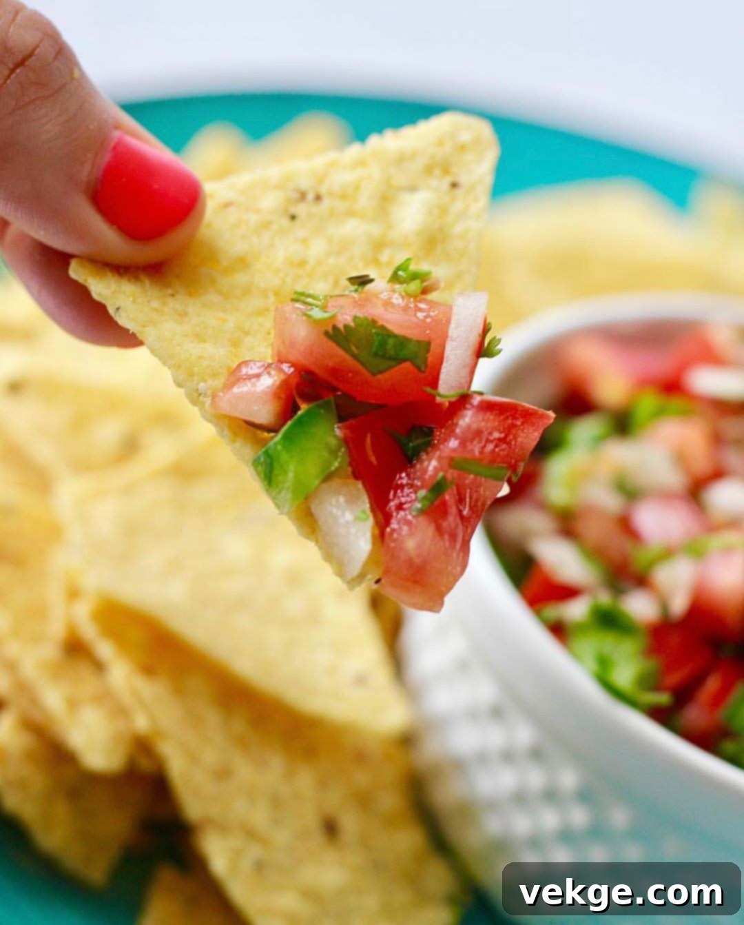 Perfect Homemade Pico de Gallo 2 A vibrant bowl of fresh homemade Pico de Gallo surrounded by crispy tortilla chips, ready for dipping.