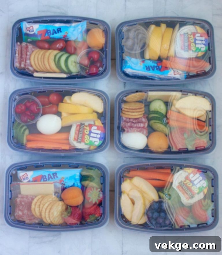 Close-up of a neatly organized snack pack with various items