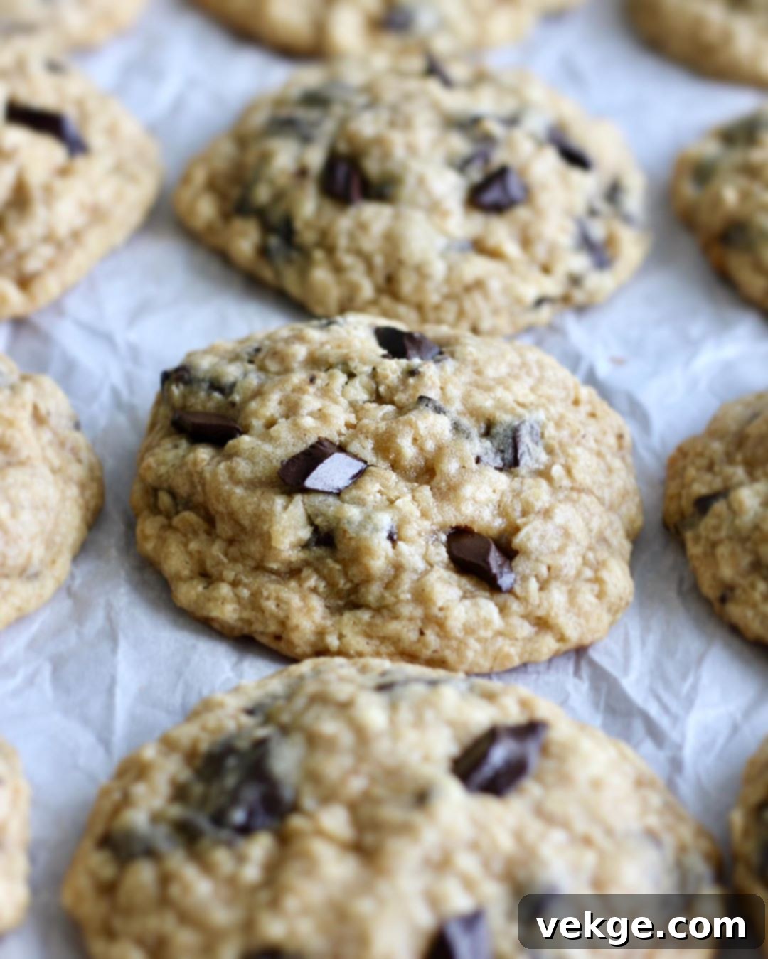 A stack of beautifully baked chewy oatmeal chocolate chunk cookies, perfectly golden brown with visible melted chocolate chunks and oats.