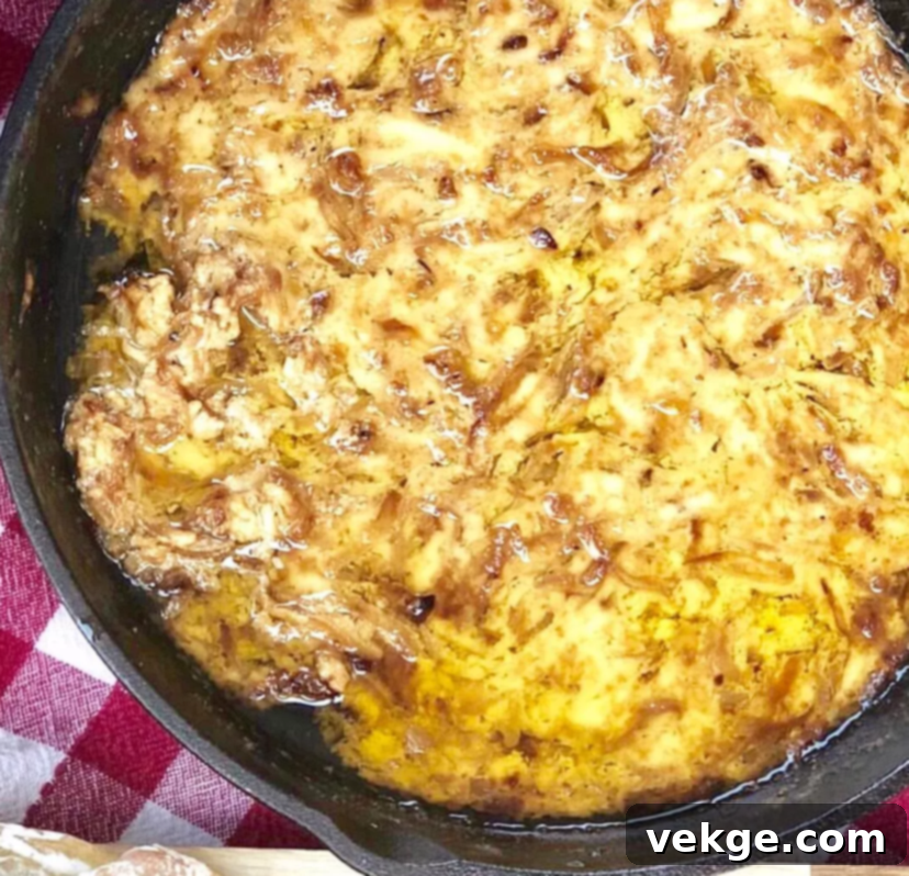 Golden Onion Gruyere Bliss 4 The finished Caramelized Onion and Gruyere Dip in a serving bowl, with French bread slices around it.