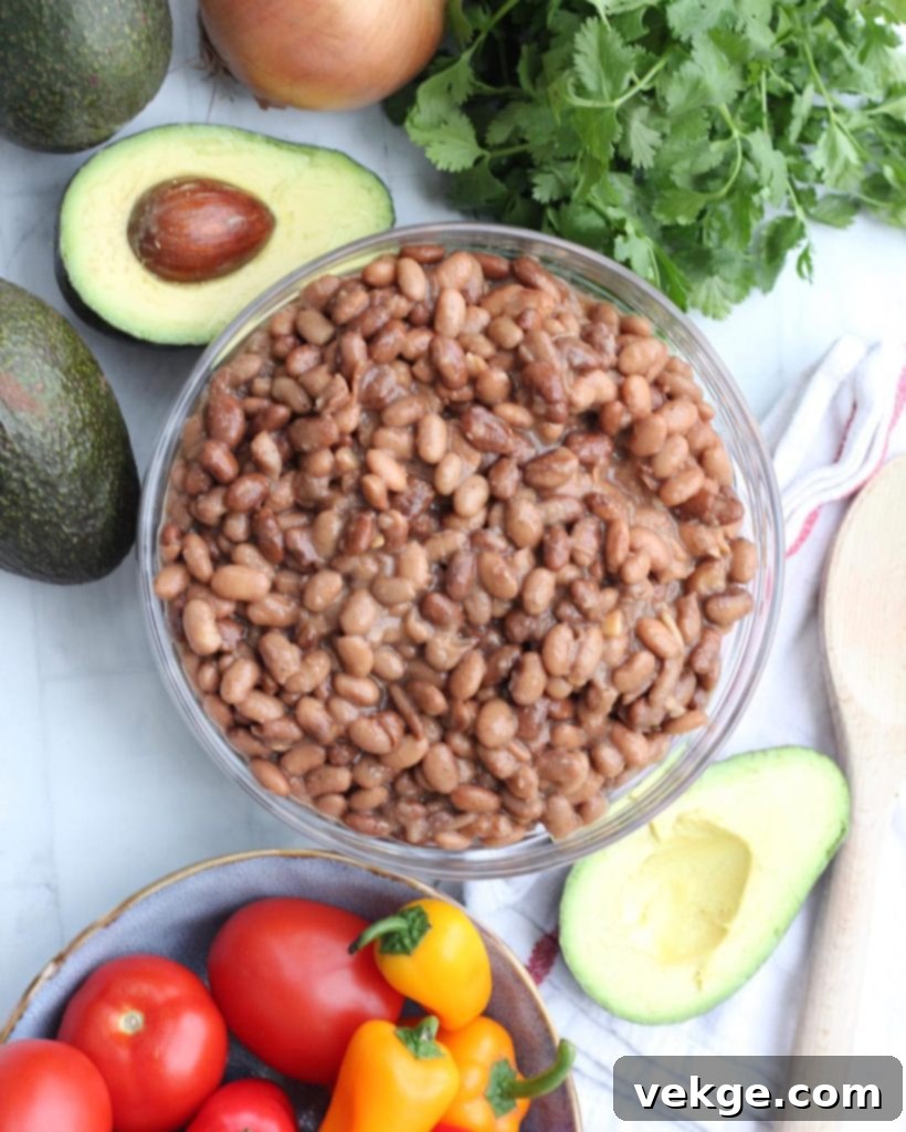 A close-up of cooked pinto beans in a crockpot, garnished with cilantro.
