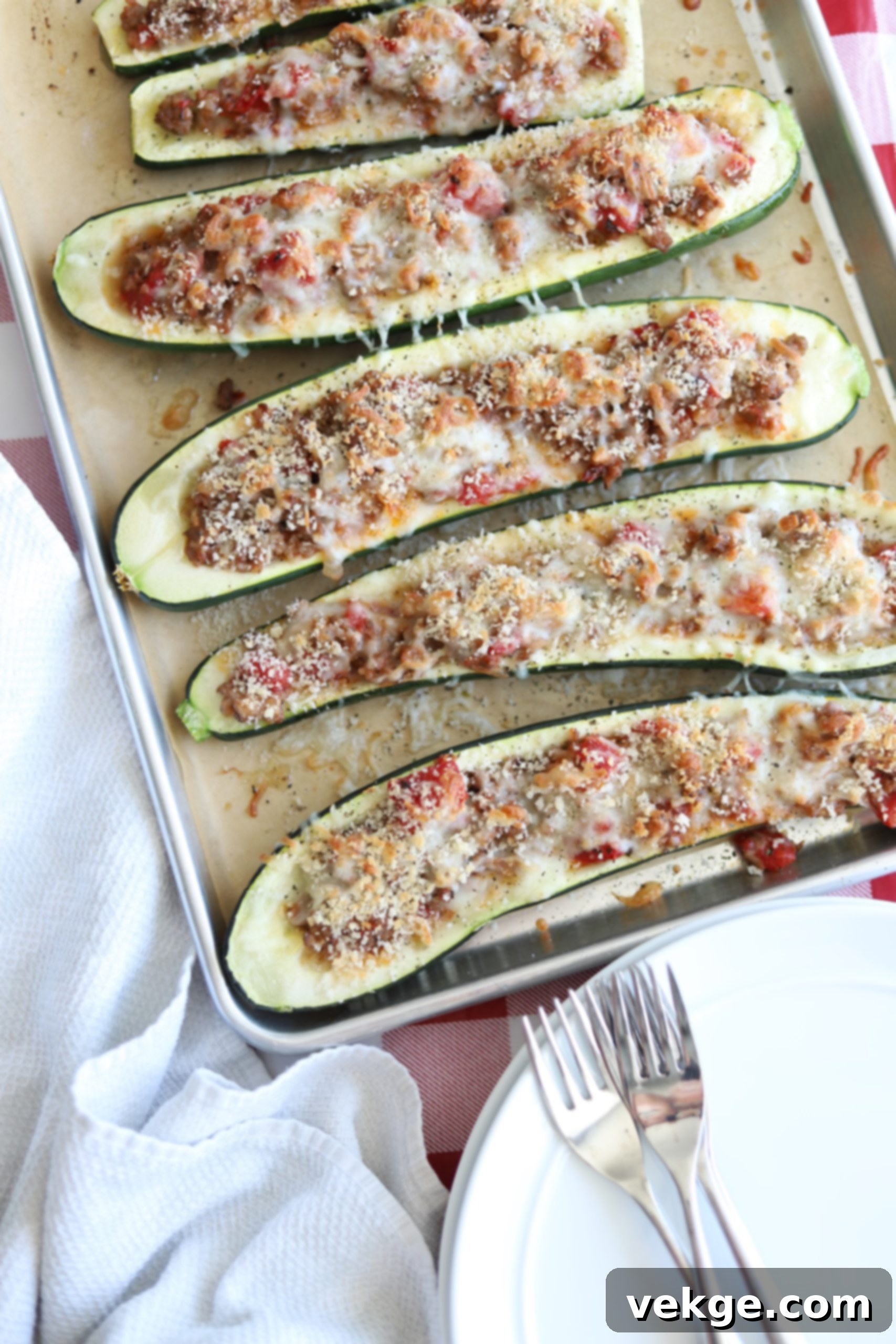 Loaded Zucchini Boats 2 Freshly baked Stuffed Zucchini Boats with golden cheese topping