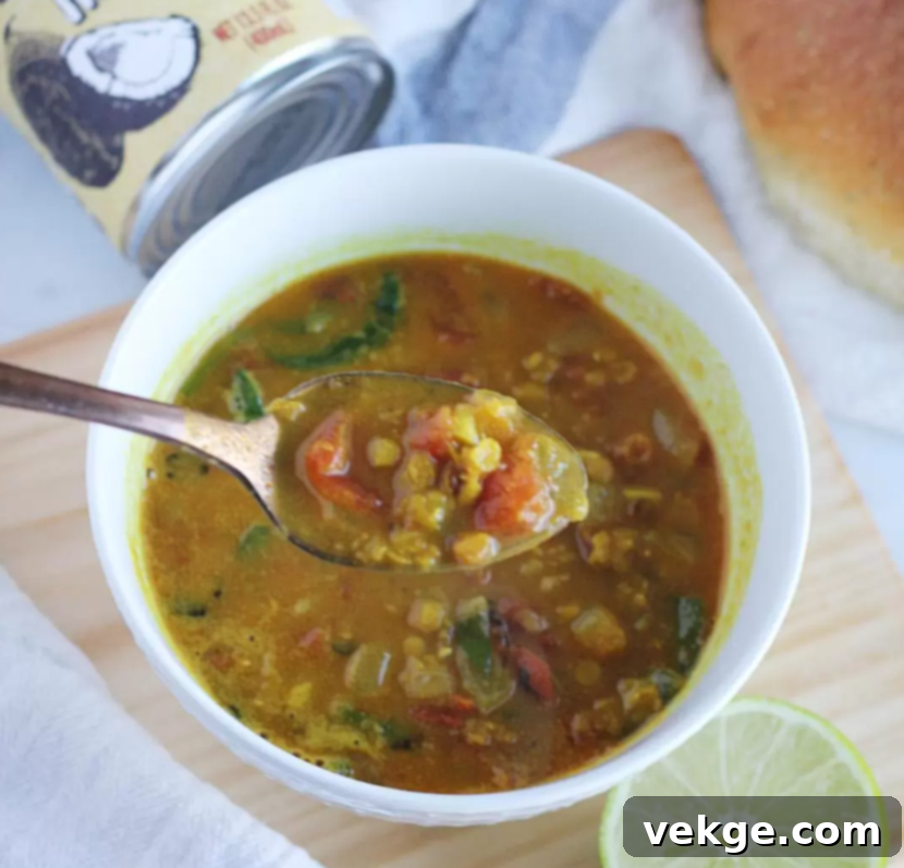 Tropical Coconut Lime Lentil Soup 4 A vibrant and appetizing image of Coconut Lime Lentil Soup with a fresh lime wedge and spoon.