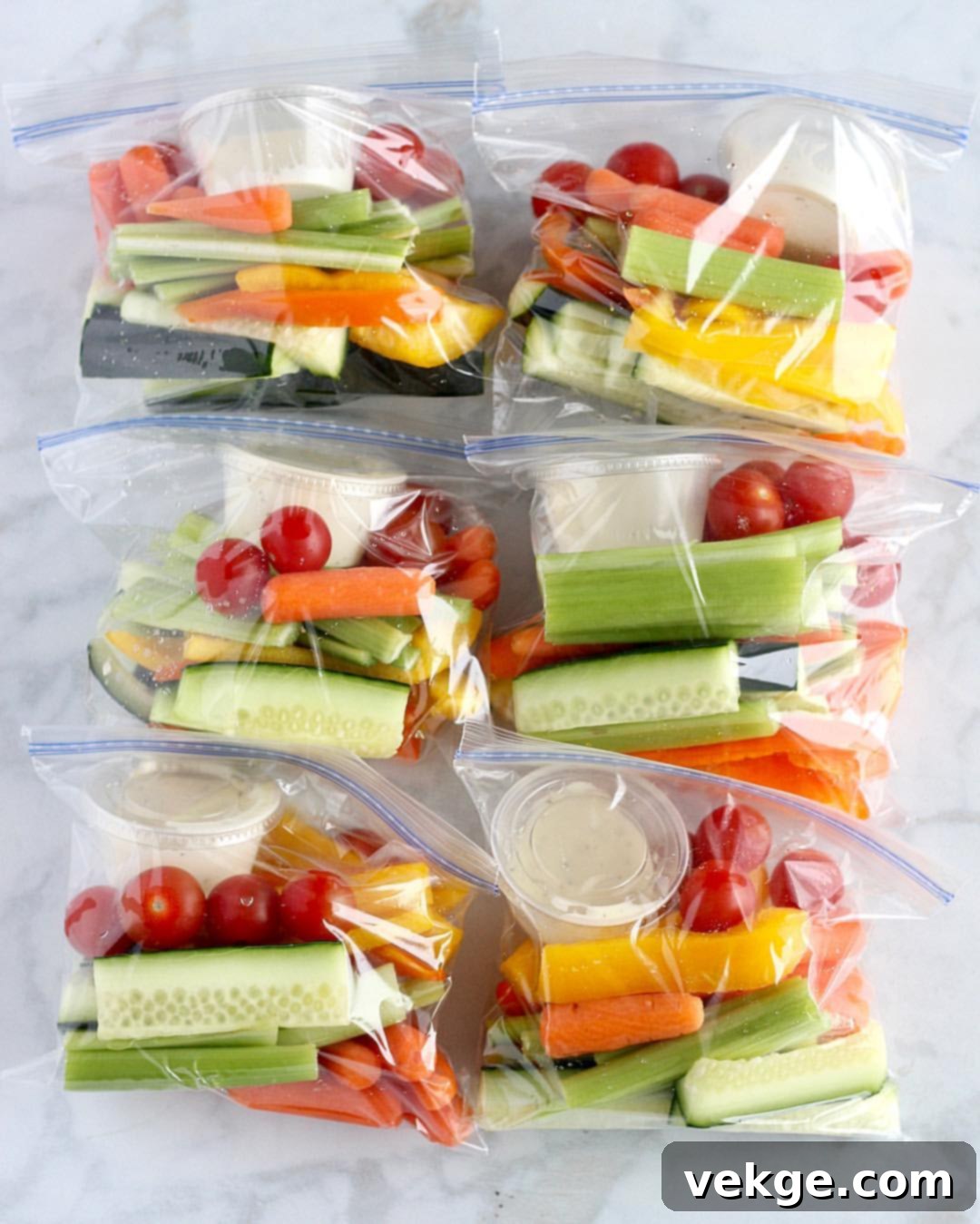 Harvest Hauls 3 Close-up of a variety of pre-cut vegetables, like broccoli florets, cucumber slices, and cherry tomatoes, neatly arranged in snack bags, each accompanied by a small ranch dip.
