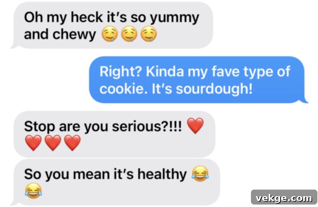Text message from Natalie expressing her love for the sourdough cookies