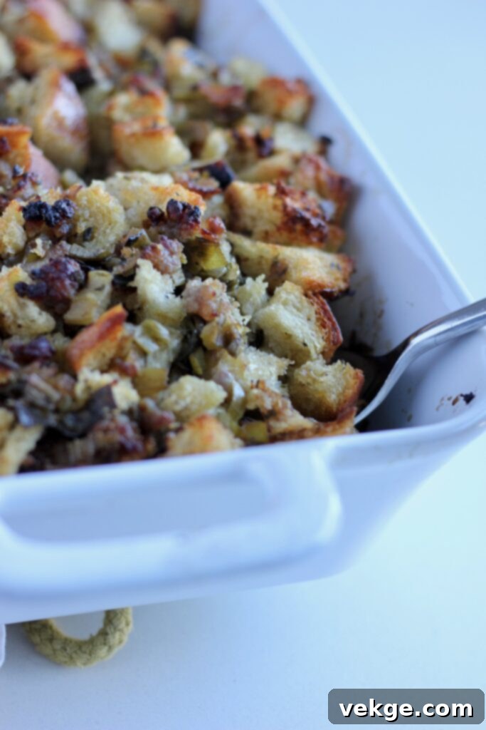 Savory Sourdough Sausage Stuffing 2 Golden brown classic sourdough stuffing with savory sausage, ready to serve