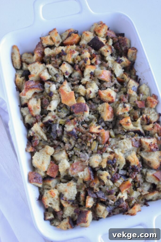 Savory Sourdough Sausage Stuffing 5 Classic stuffing made from sourdough bread and country sausage, golden and warm