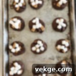 Gooey Smores Chocolate Chunk Cookies 5 Stack of freshly baked Chocolate Chunk S'mores Cookies with melted chocolate drizzle.