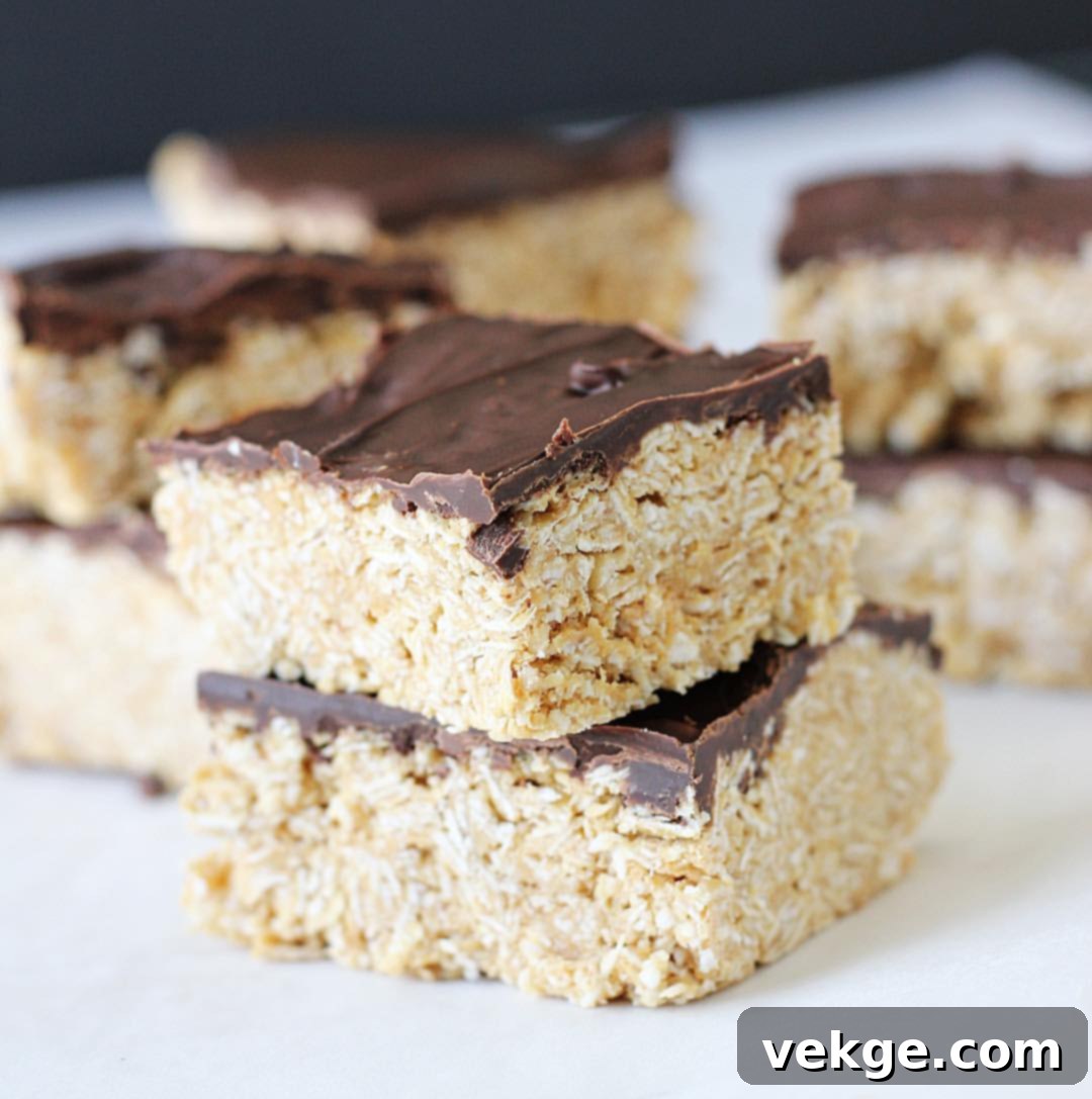 Effortless Tropical Peanut Butter Chocolate Oat Bars 2 Delicious No-Bake Chocolate Coconut Peanut Butter Oatmeal Bars sliced and ready to eat
