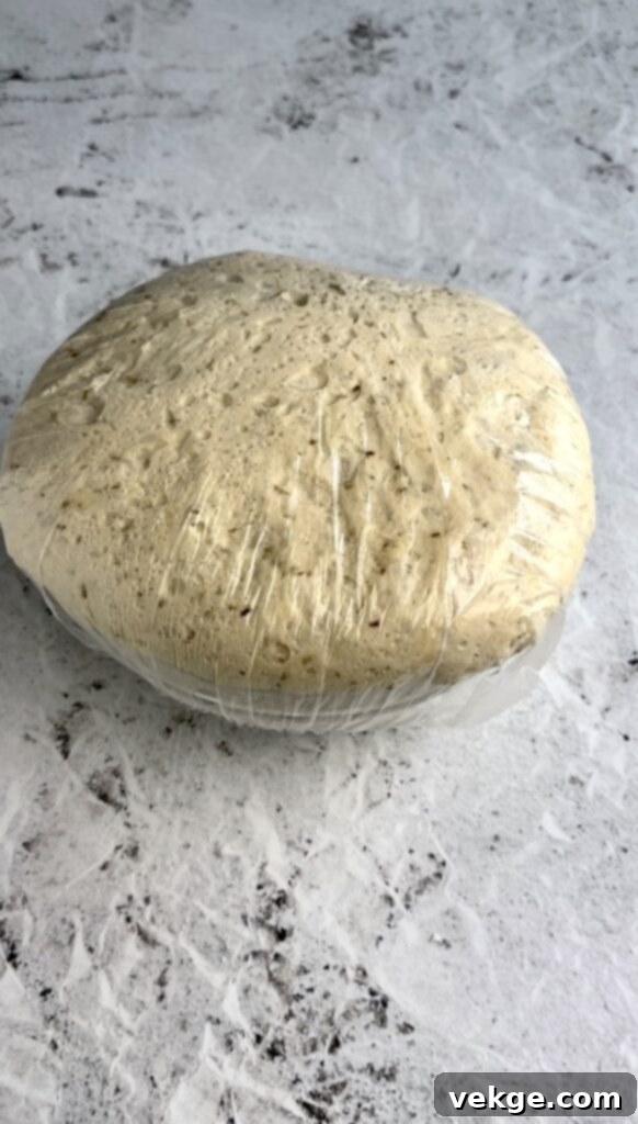 Artisan Rosemary Sourdough French Bread 13 Dough covered with a shower cap for rising