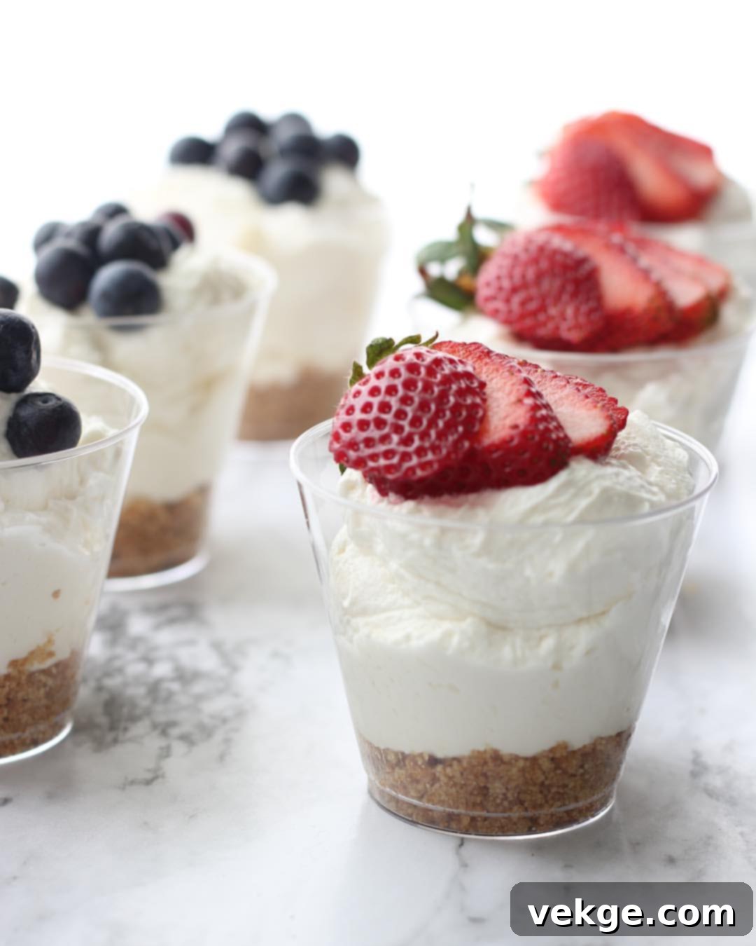 Speedy Cheesecake Singles 2 Delicious individual no-bake cheesecake cup with graham cracker crust and creamy white filling, ready to be topped.