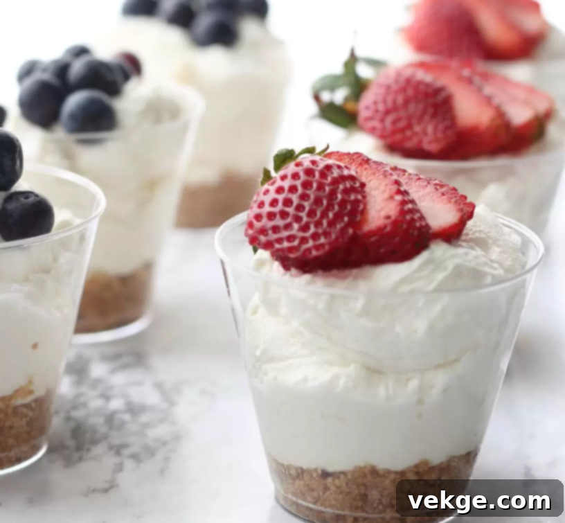 Speedy Cheesecake Singles 4 No-Bake Cheesecake Cups with a rich, creamy filling and a golden graham cracker crust, topped with fresh berries.