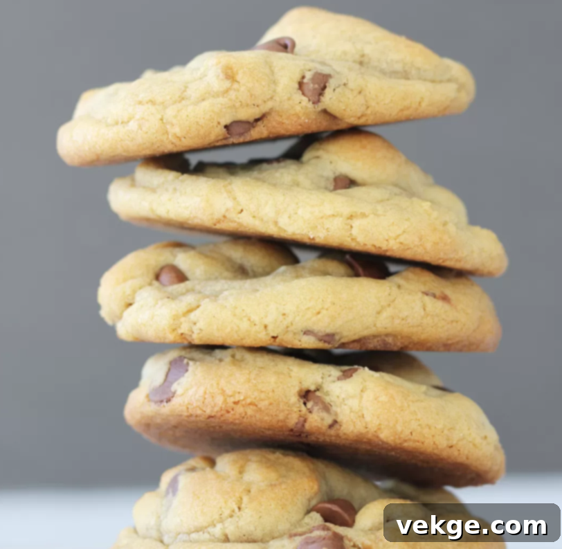 Mighty Chocolate Chip Monsters 6 Close-up of a large, thick chocolate chip cookie, golden brown with visible melted chocolate chips.