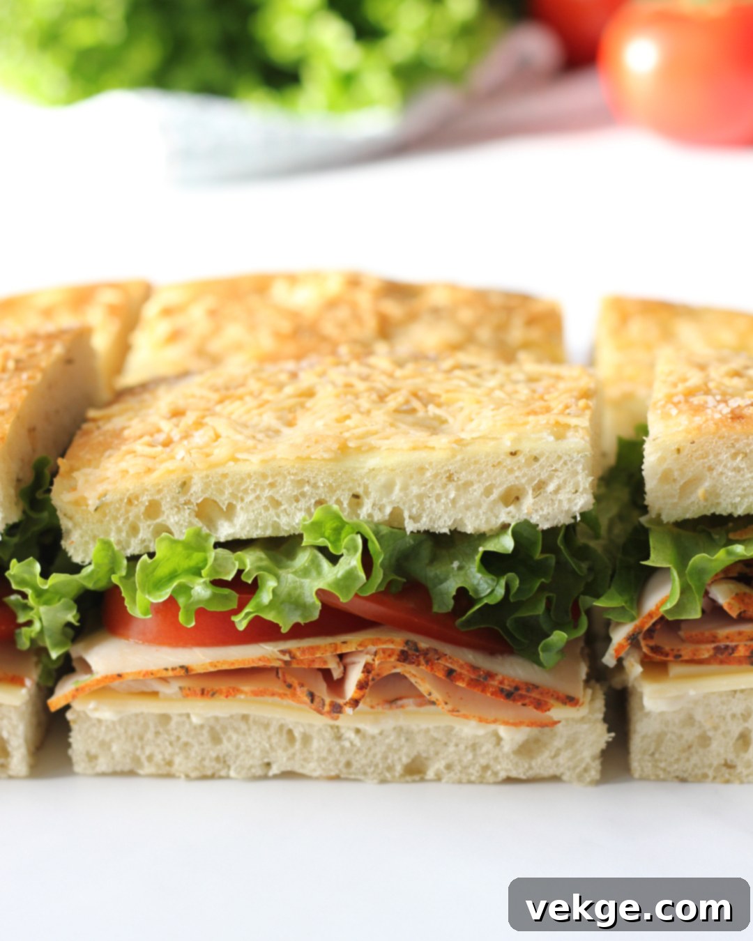 Fragrant Rosemary Focaccia 4 Detailed shot of rosemary focaccia sandwich with fresh ingredients