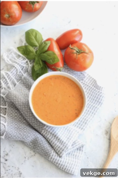 Close-up of creamy roasted tomato soup