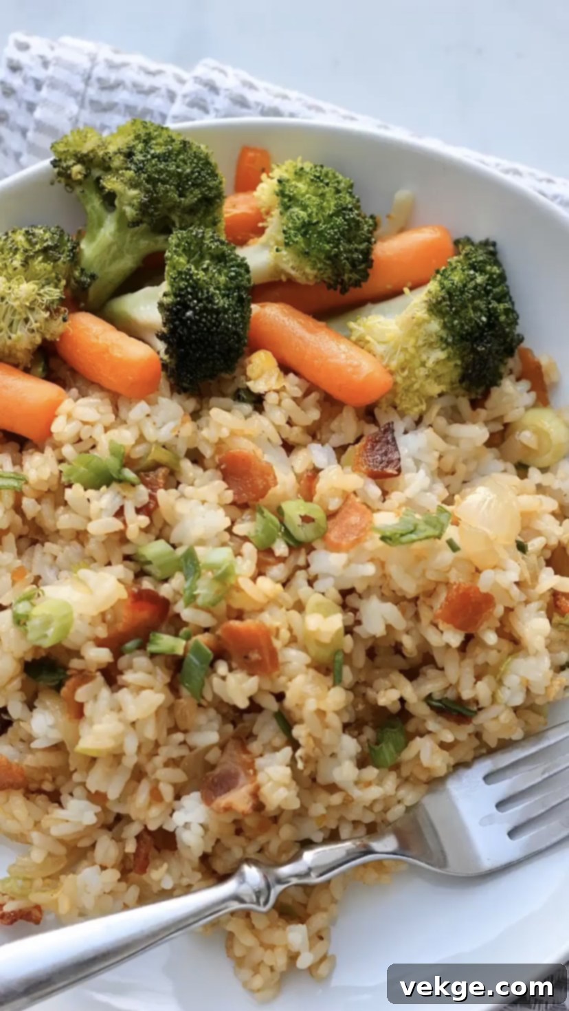 Ultimate Bacon Teriyaki Fried Rice 3 Close-up of crispy bacon bits and green onions mixed into flavorful fried rice