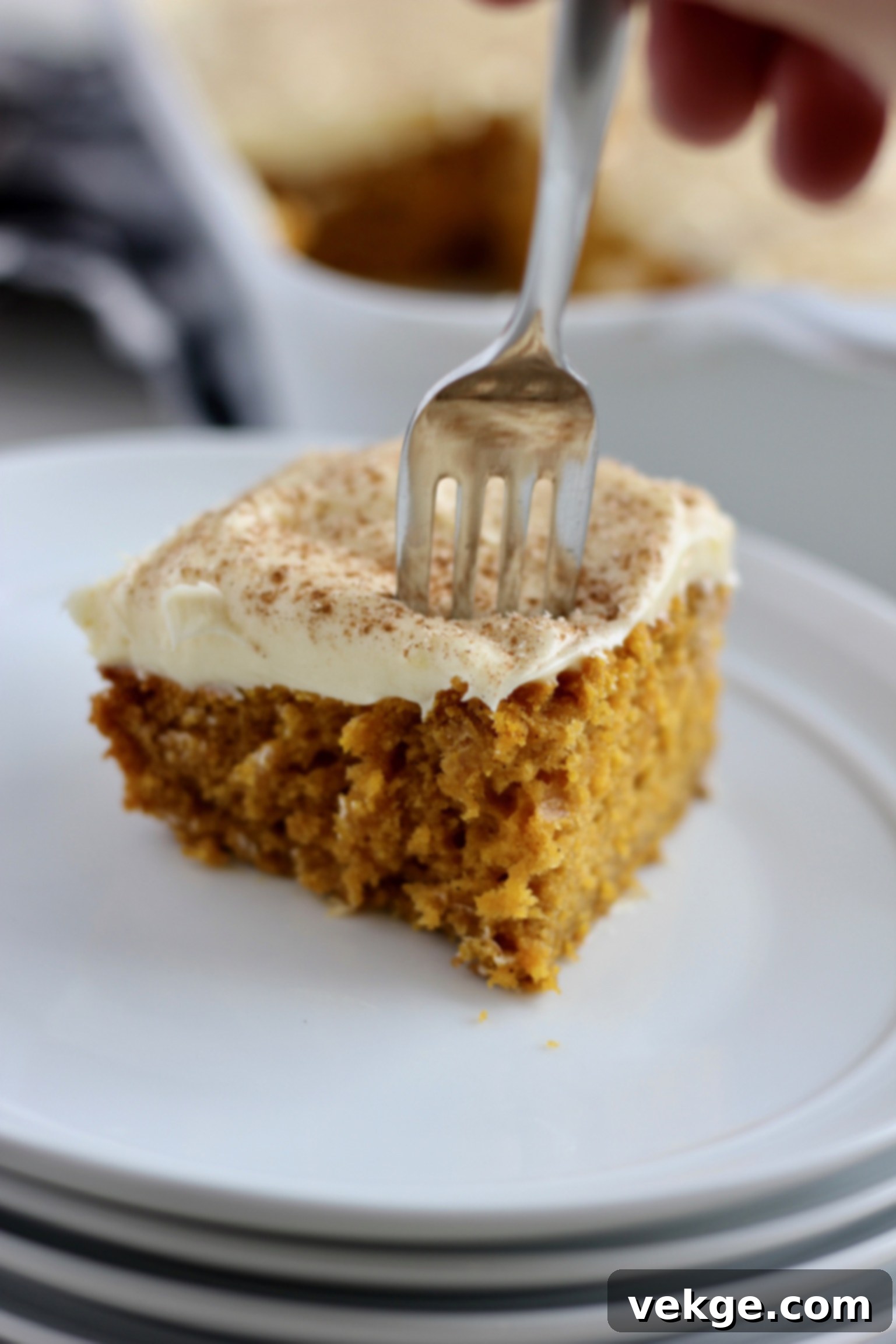A stunning shot of pumpkin cake with creamy browned butter cream cheese frosting