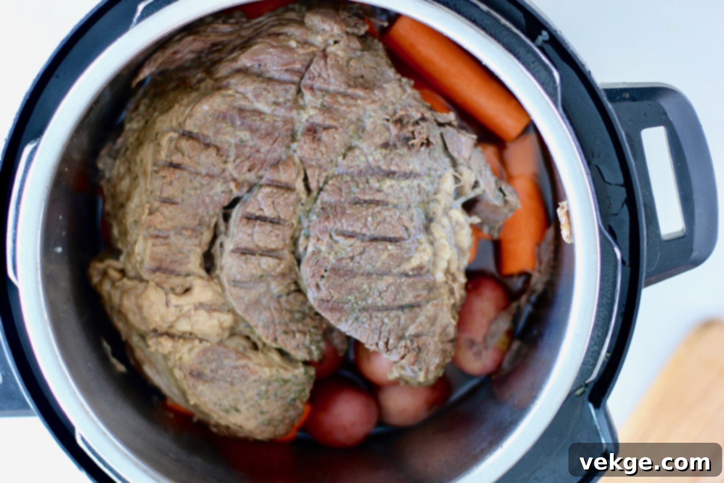 Instant Pot chuck roast and vegetables ready to serve