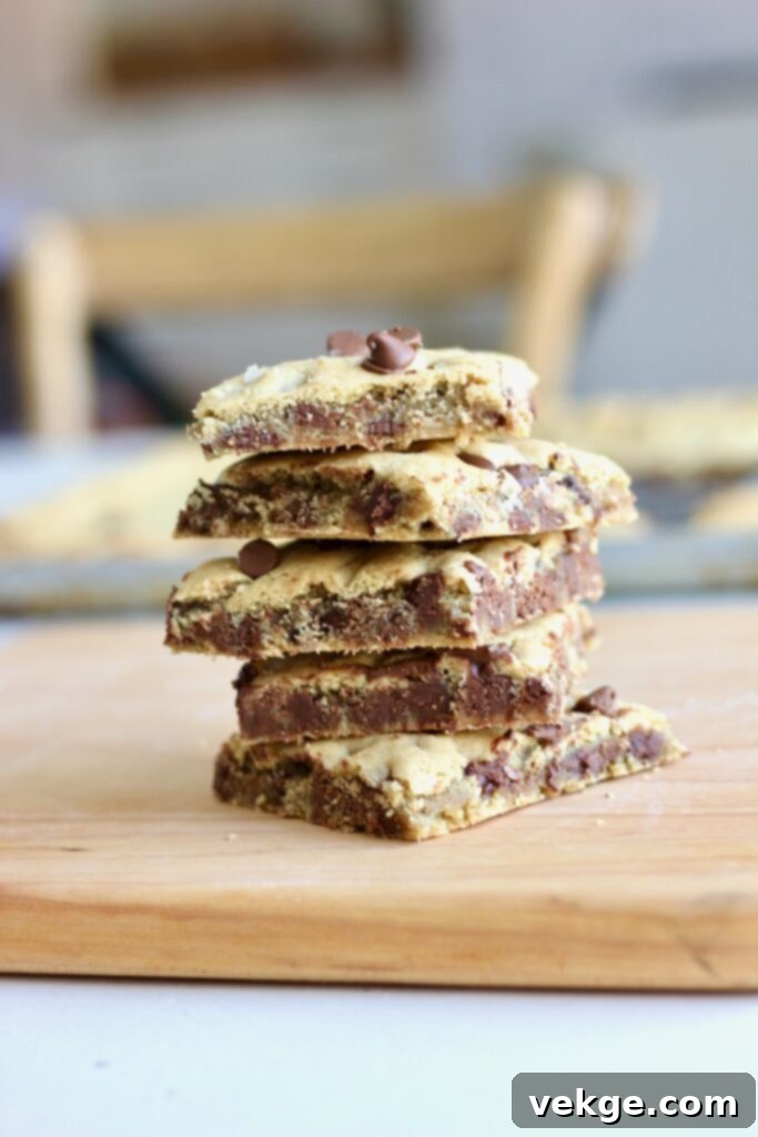 Artisan Brown Butter Chocolate Chip Bars 11 A top-down view of freshly baked browned butter sourdough chocolate chip cookie bars with flake salt